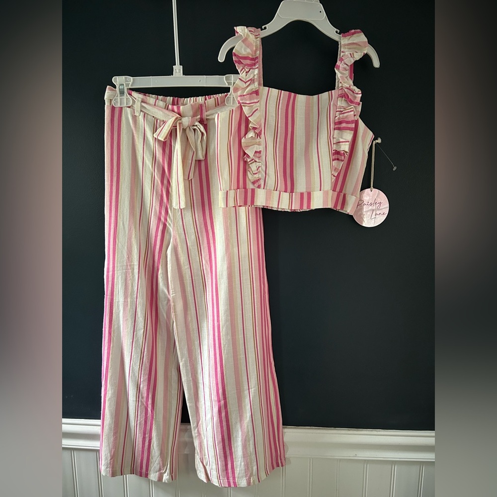 Girls Pink & Cream Striped Matching Set - Ruffle Crop Top & Pants